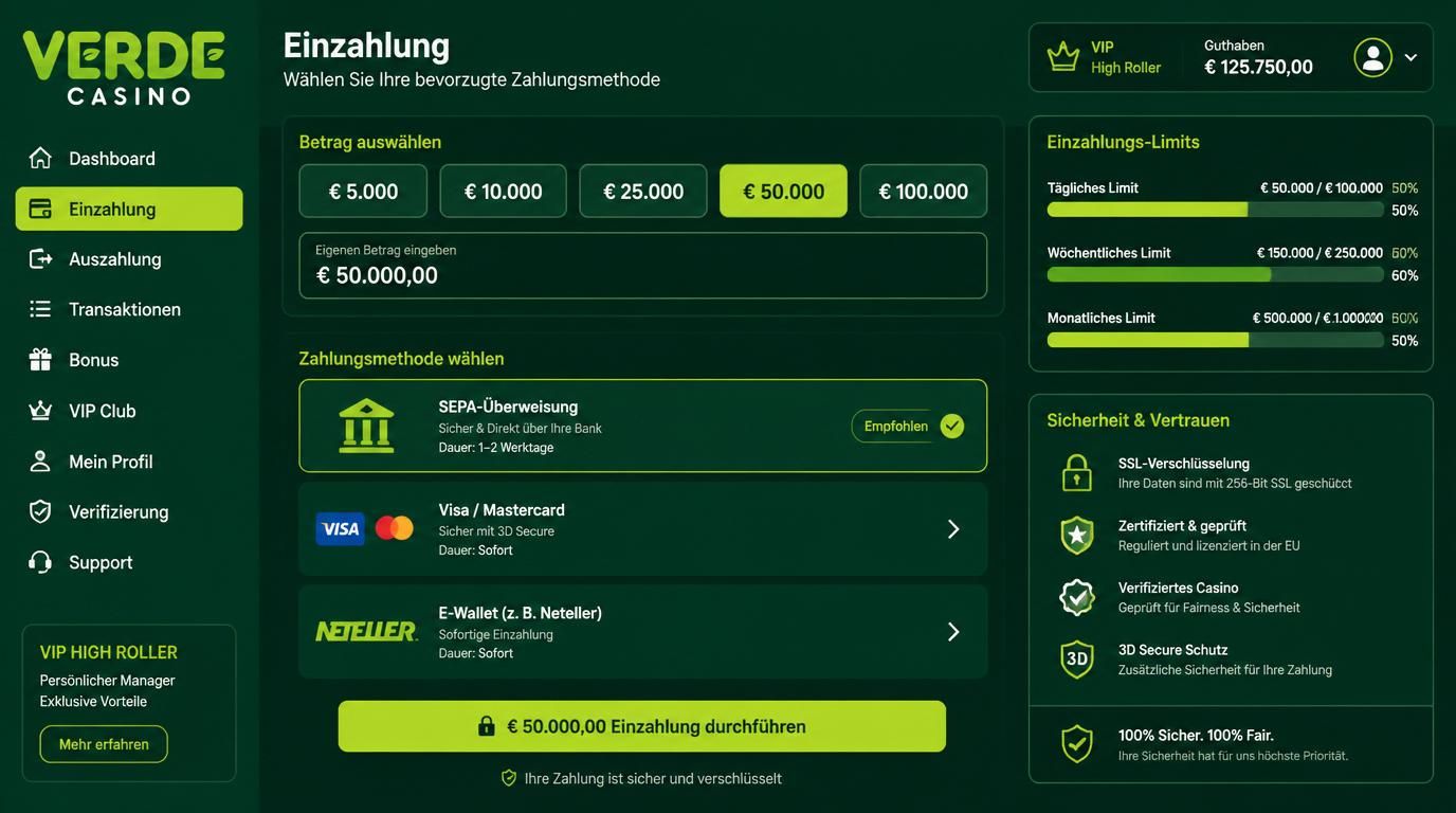 Ein High-Roller tätigt eine große Einzahlung mit Karten und E-Wallet unter hoher Sicherheit.