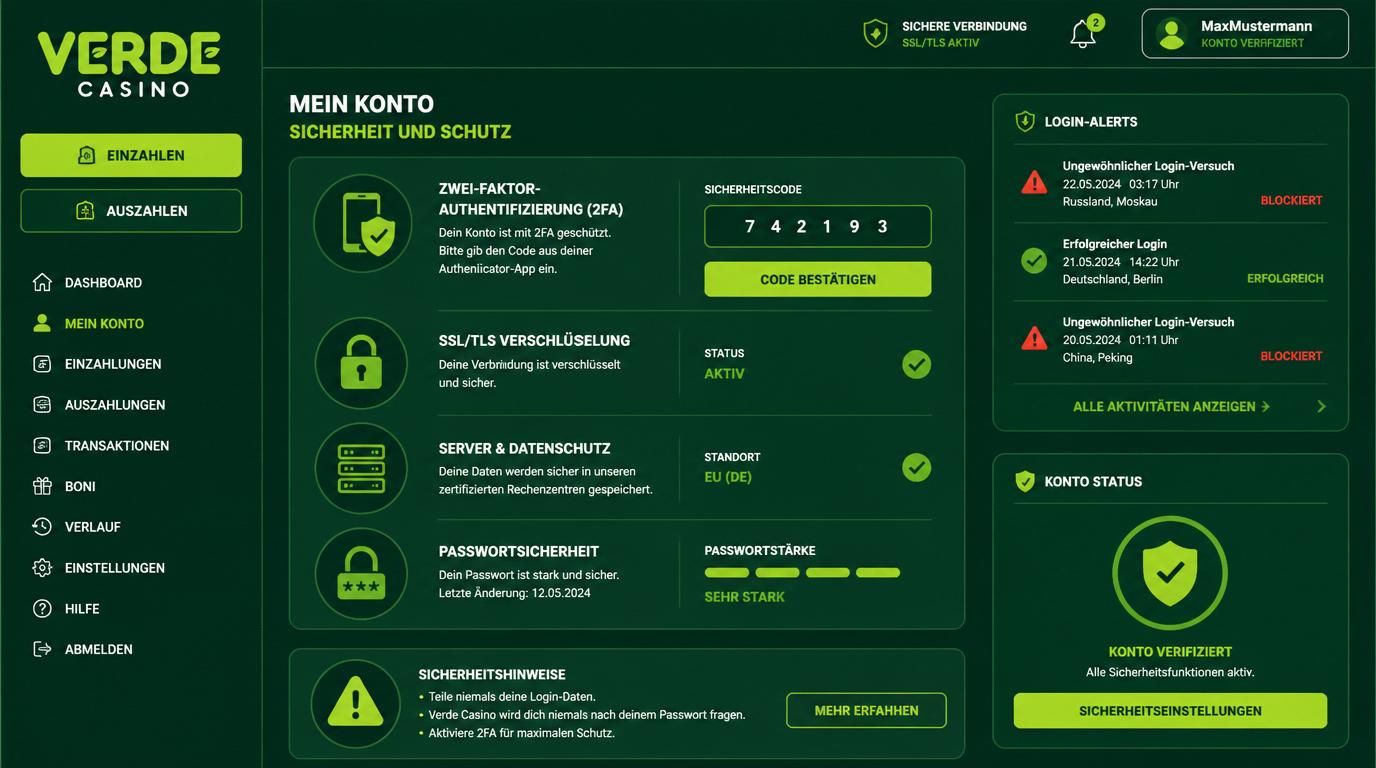 Schutz des Kontos bei Verde Casino durch 2FA, TLS und gehärtete Server.
