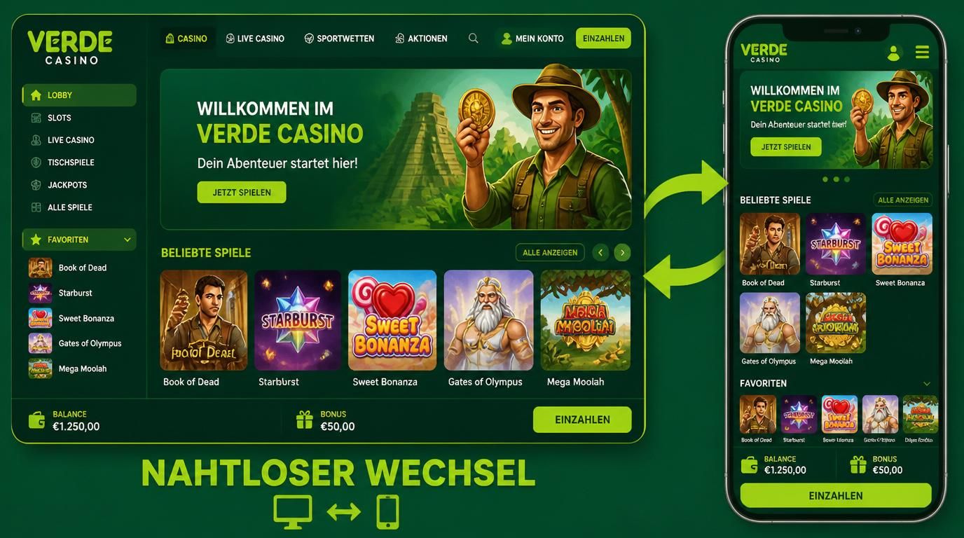 Ein Bildschirm zeigt Desktop, daneben mobil – gleiche Balance, Spiele, Favoriten.