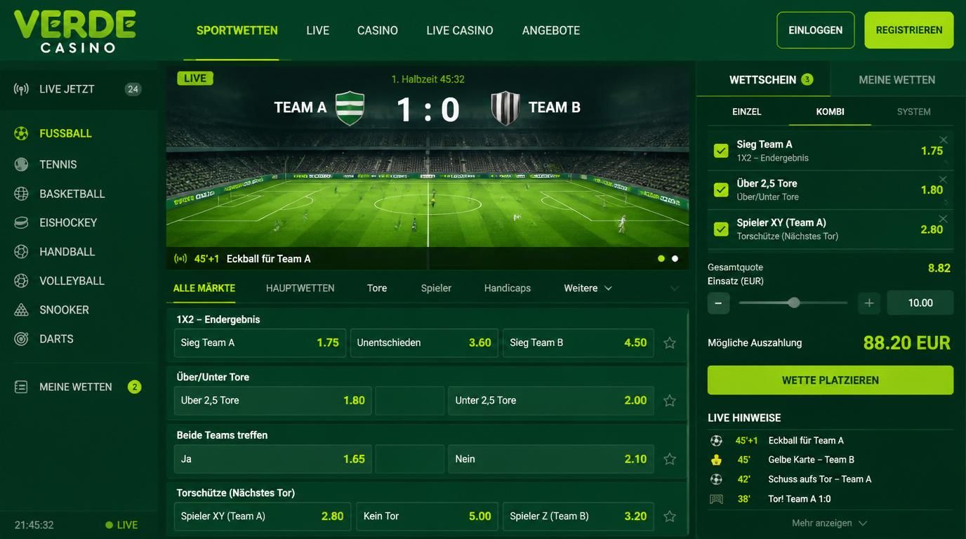 Benutzer verwendet Bet Builder-Modul mit mehreren Wettoptionen im Fußball kombiniert.