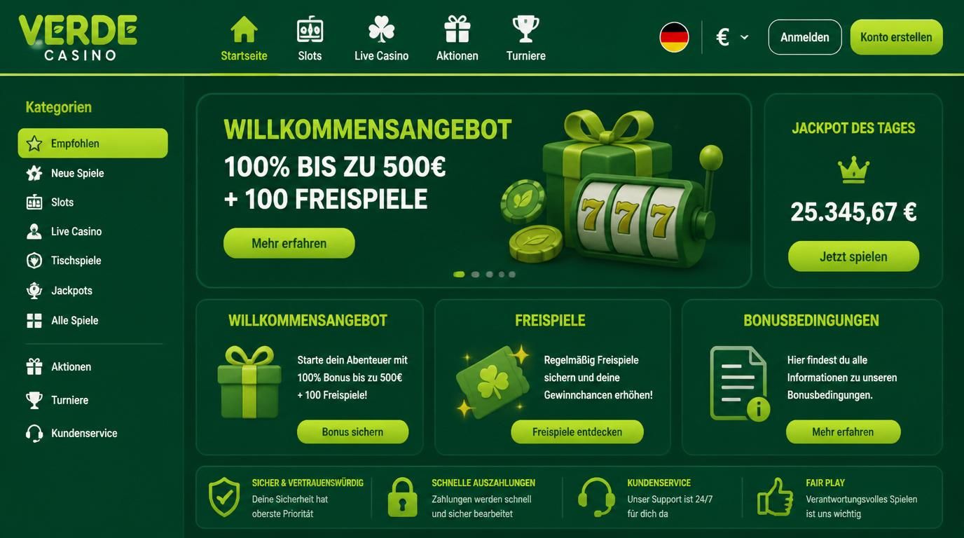 Casino-Oberfläche mit Bonusbedingungen, Willkommensangebot und Freispielen in deutscher Sprache.