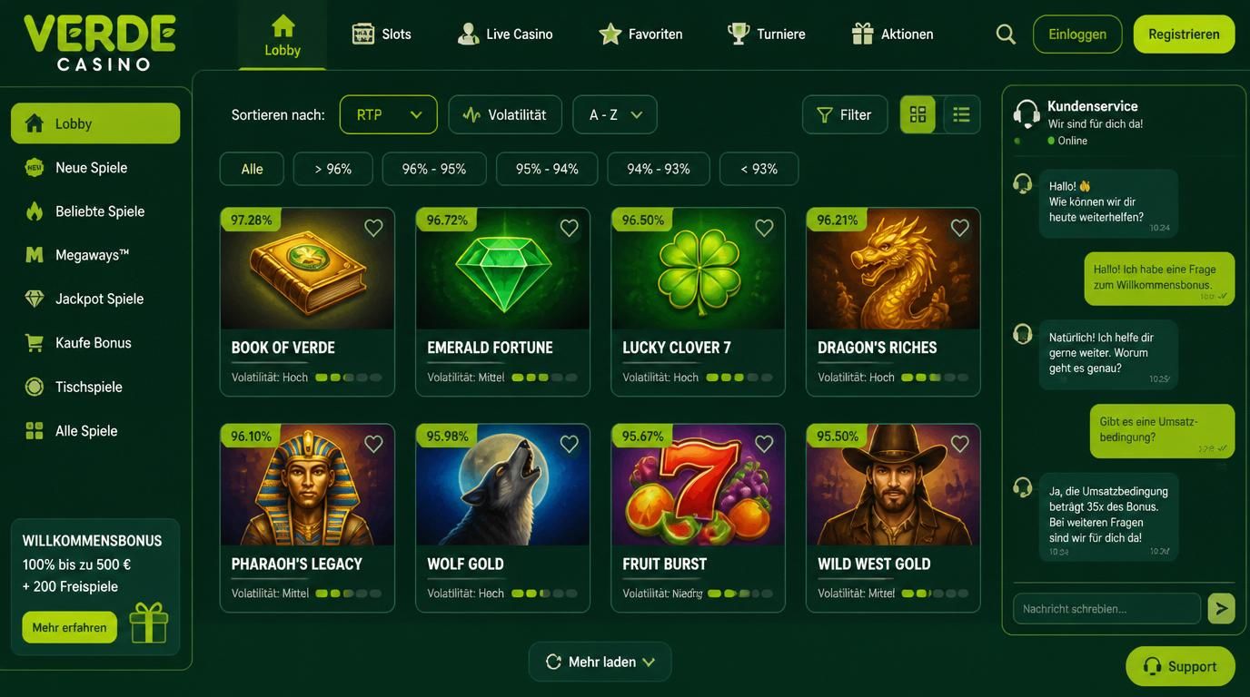 Spielauswahl mit hohem RTP, Volatilitätsfilter und reaktionsschnellem Support in Deutsch.