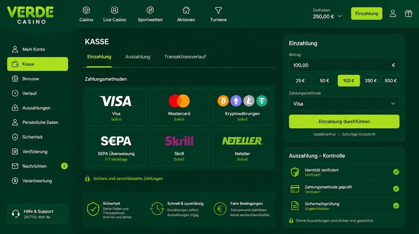 Verschiedene Zahlungsmethoden mit Euro, Krypto und Auszahlungskontrolle.